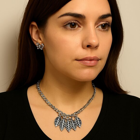 Silver-Tone Leaf Charm Necklace & Butterfly Stud Earrings Set – Nature Jewelry - Picture 1 of 9